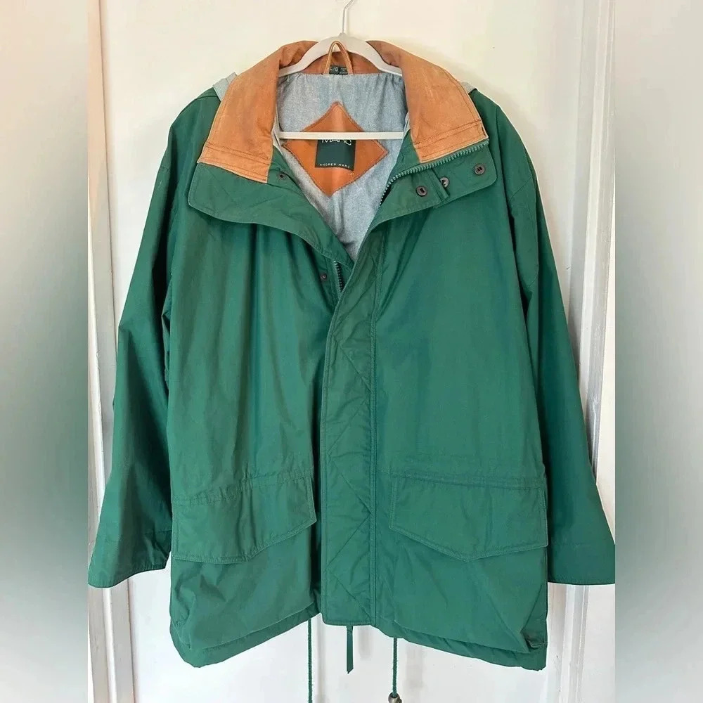 Andrew Marc hunter green hooded wind jacket leather collar men’s large